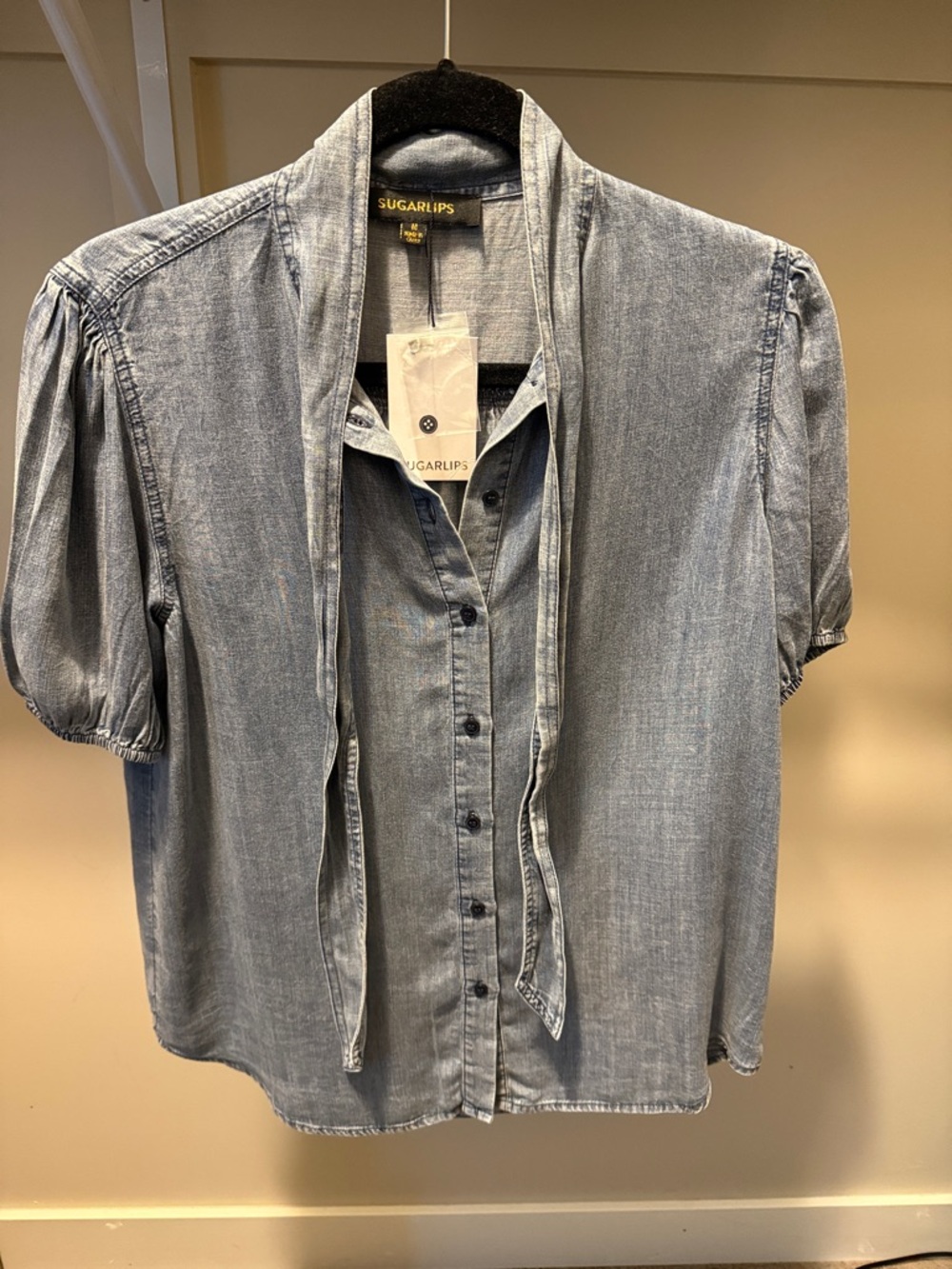 Sugarlips Light Blue Chambray Button-Down Top with Tie Neck